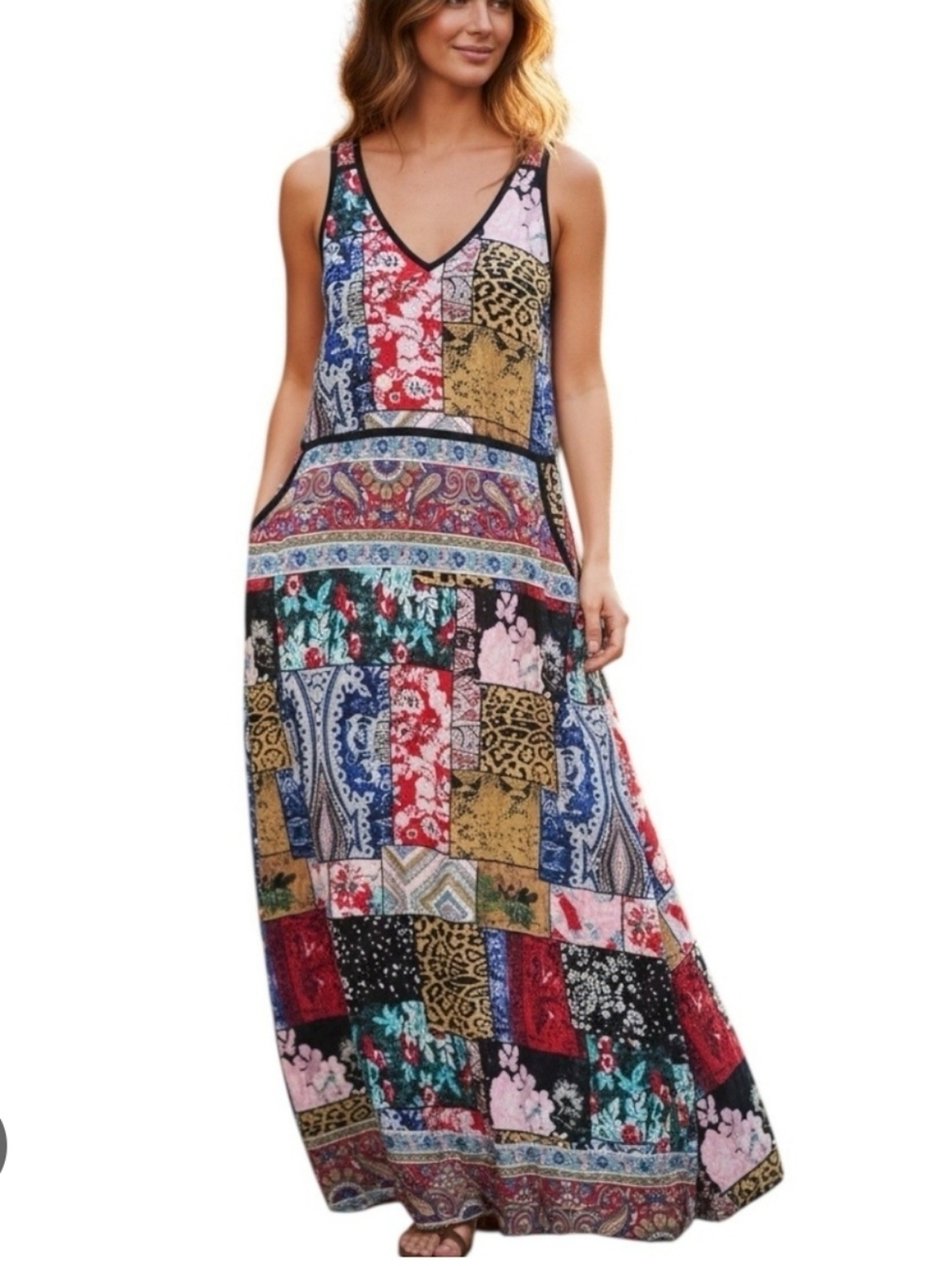Tolani Silk Boho Patchwork Print Maxi Dress Multicolor Large Pockets Sleeveless